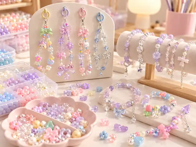 Colorful handmade bracelets and beaded charms with flowers and bows
