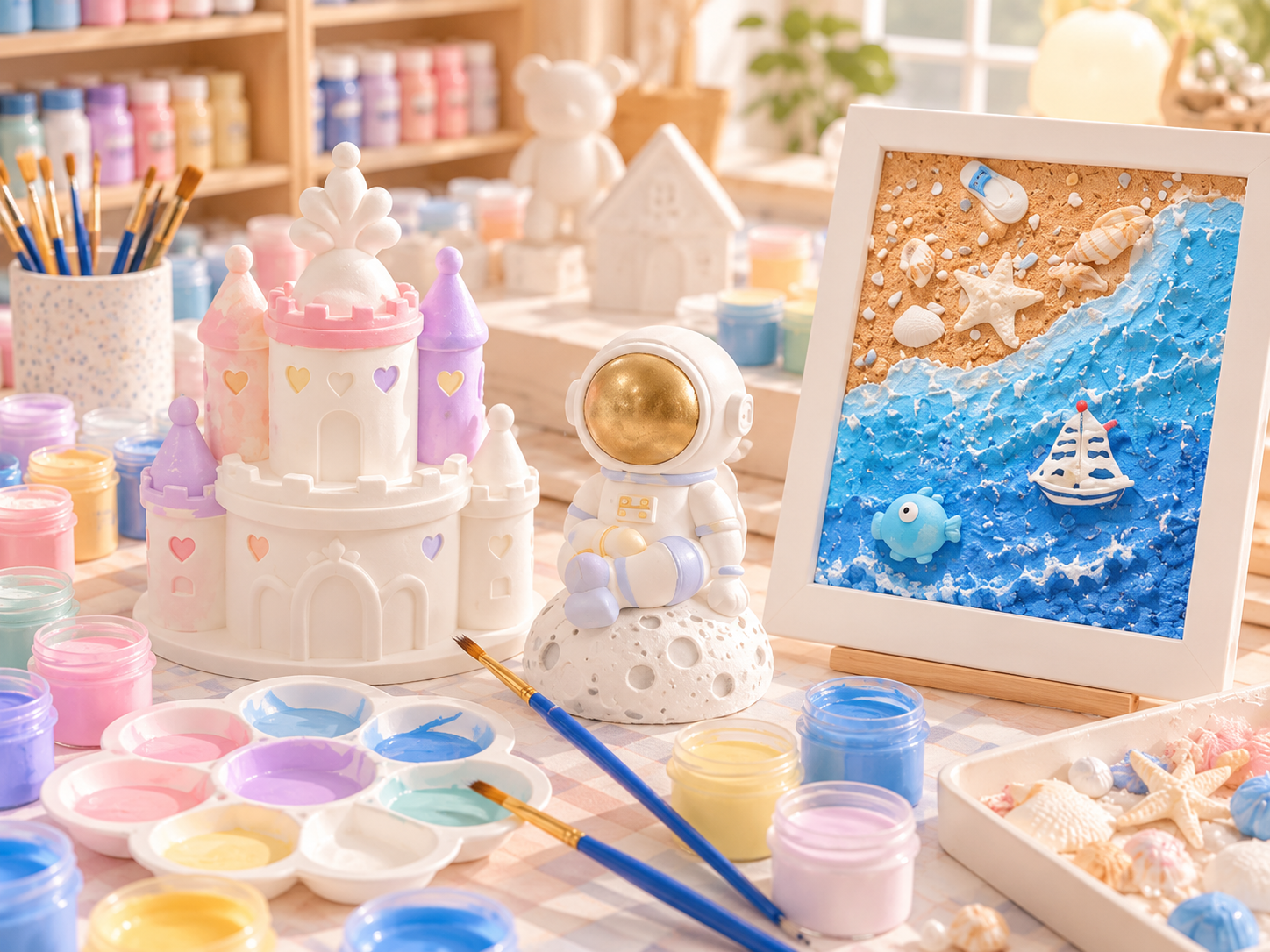 Paint-your-own castle, astronaut and textured seaside artwork with pastel paints